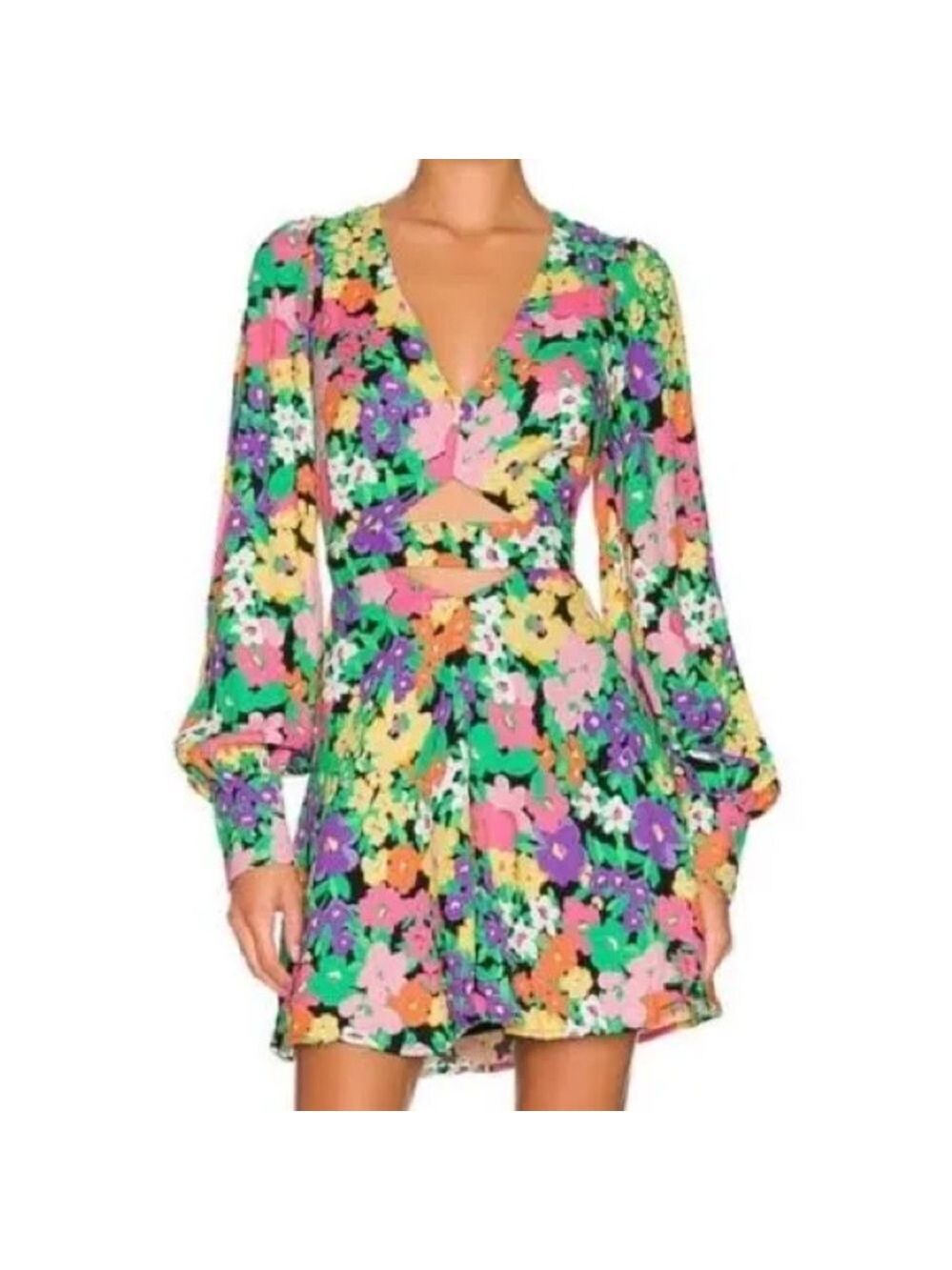 AFRM Floral Cutout Long-Sleeve Mini Dress - Multicolor Sz X-LARGE